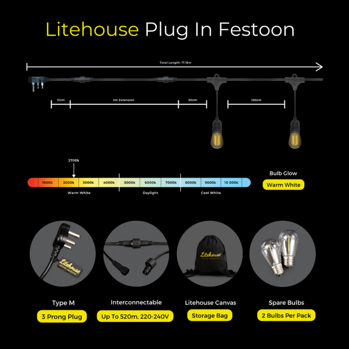 Litehouse Solar LED Festoon Traditional Bulb String Lights