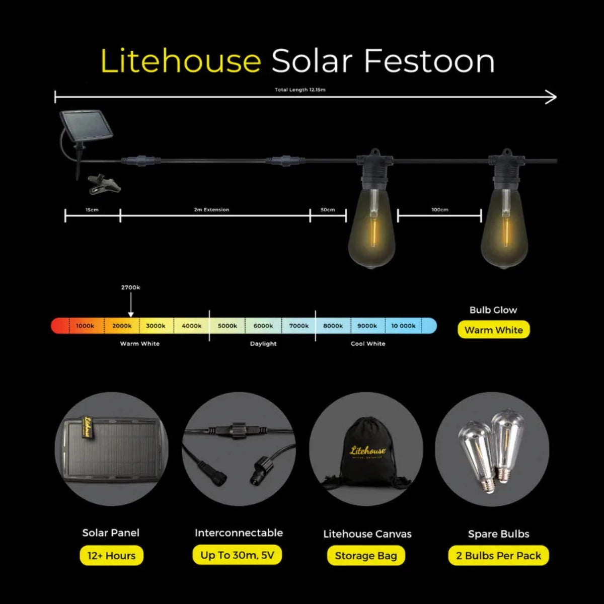 Litehouse Solar LED Festoon Outdoor Vintage Bulb String Lights