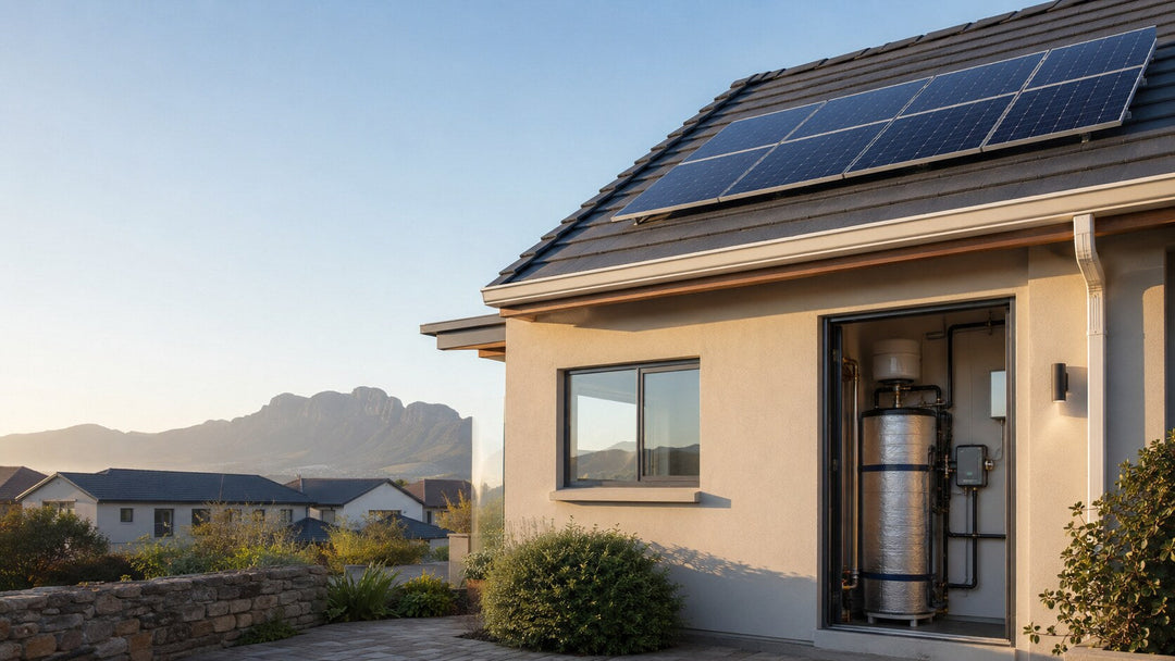 South African home with rooftop solar panels and a professionally installed insulated hot-water cylinder