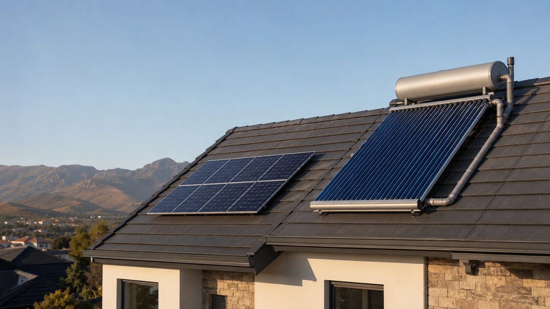 Rooftop PV panels and a solar thermal water-heating collector shown side by side