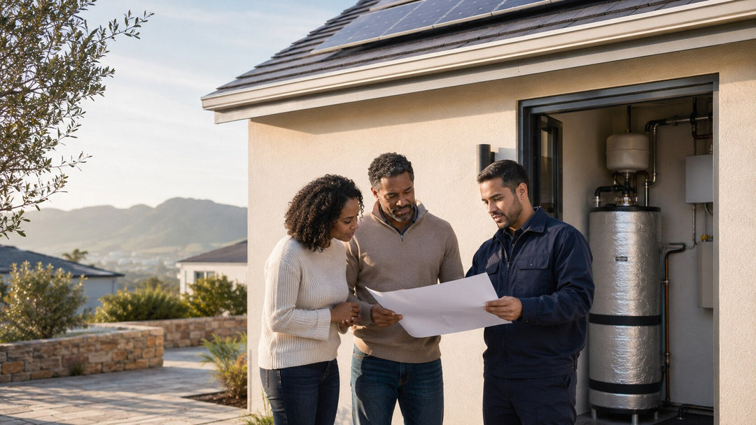 South African homeowners reviewing hot-water system options with a qualified installer