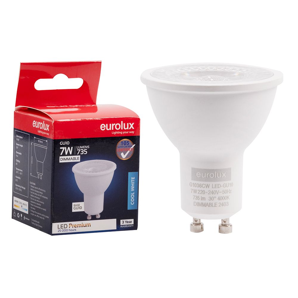 Eurolux G1036CW 7W GU10 4000K Dimmable Clear Lens LED Bulb