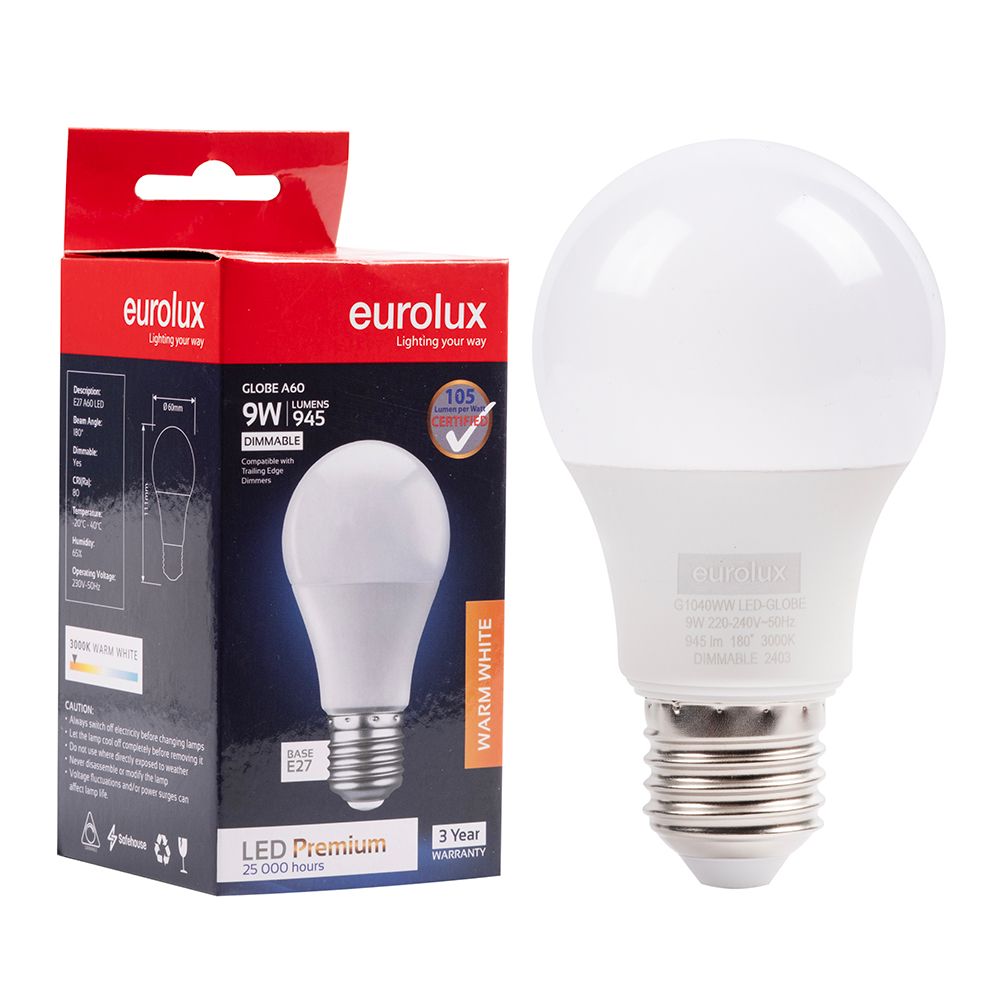 Eurolux G1040WW 9W E27 3000K Dimmable A60 LED Bulb