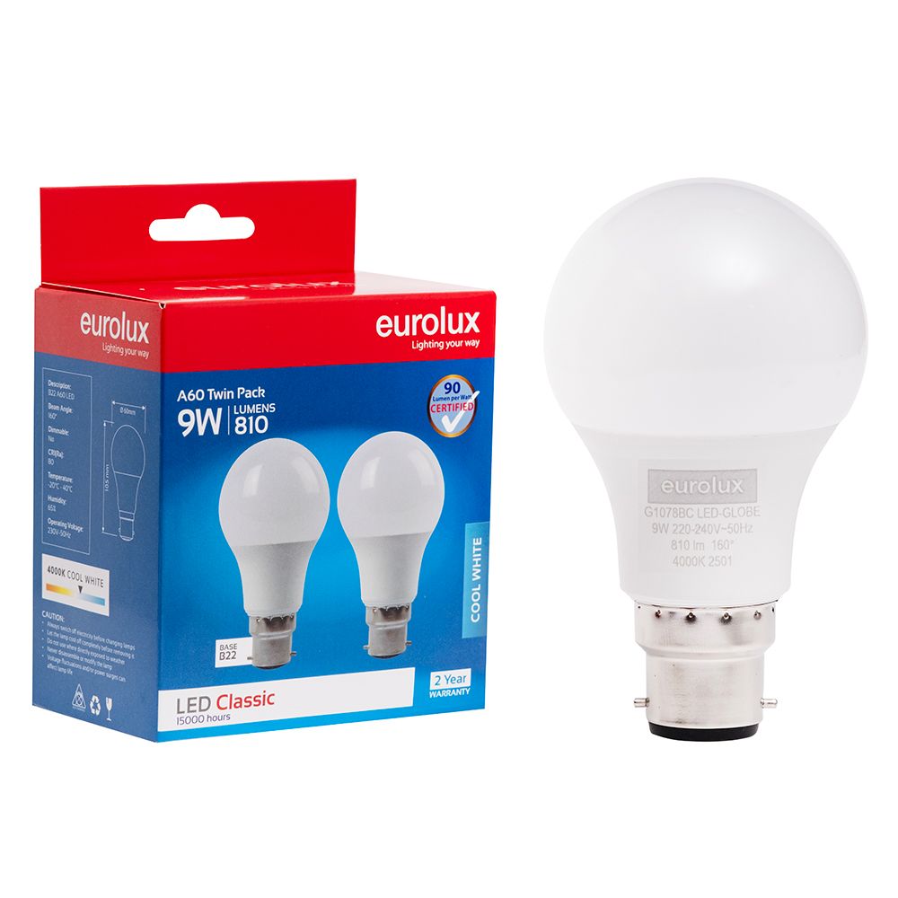 Eurolux G1078BC 9W B22 4000K A60 LED Twin Pack