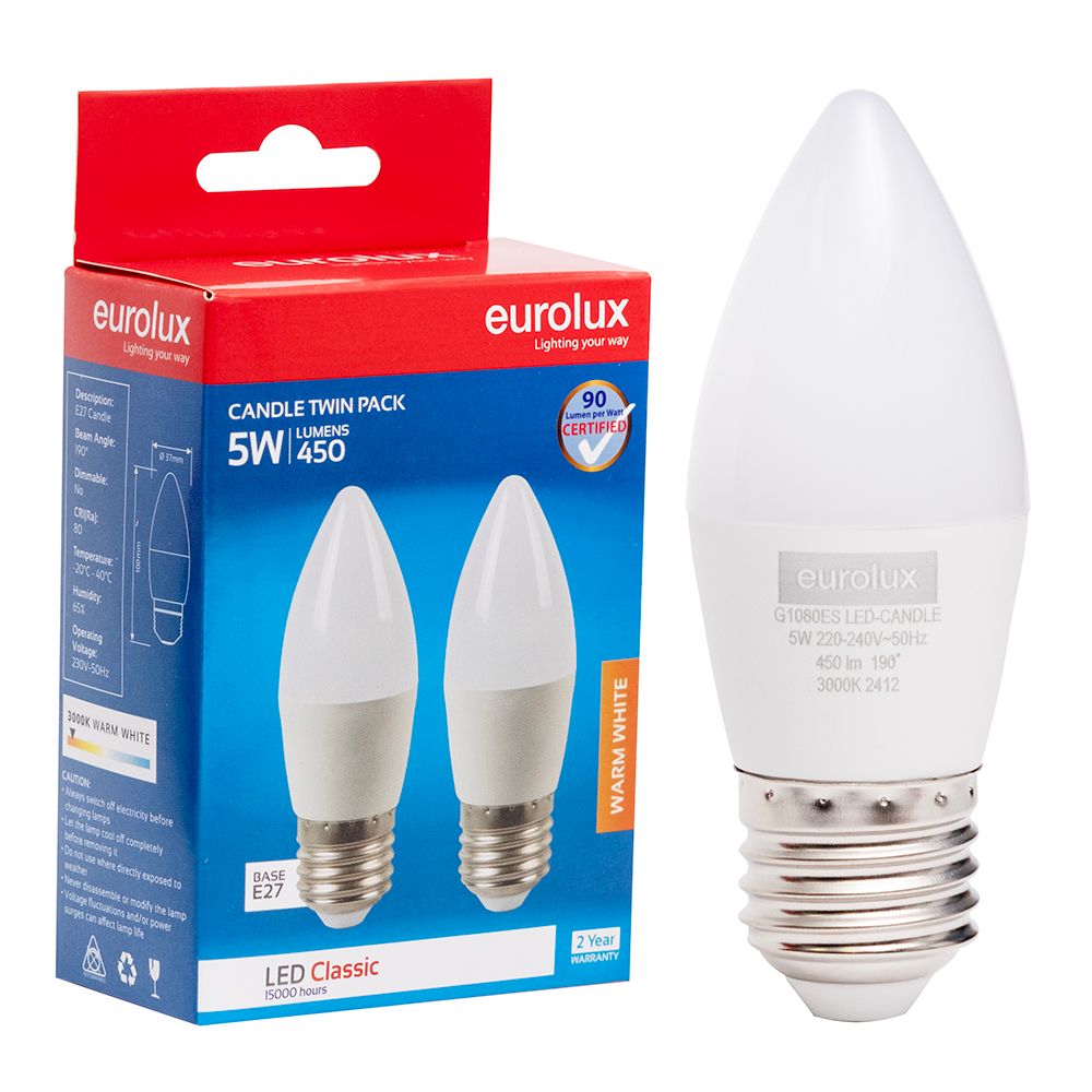Eurolux G1080ES 5W E27 3000K Candle LED Twin Pack