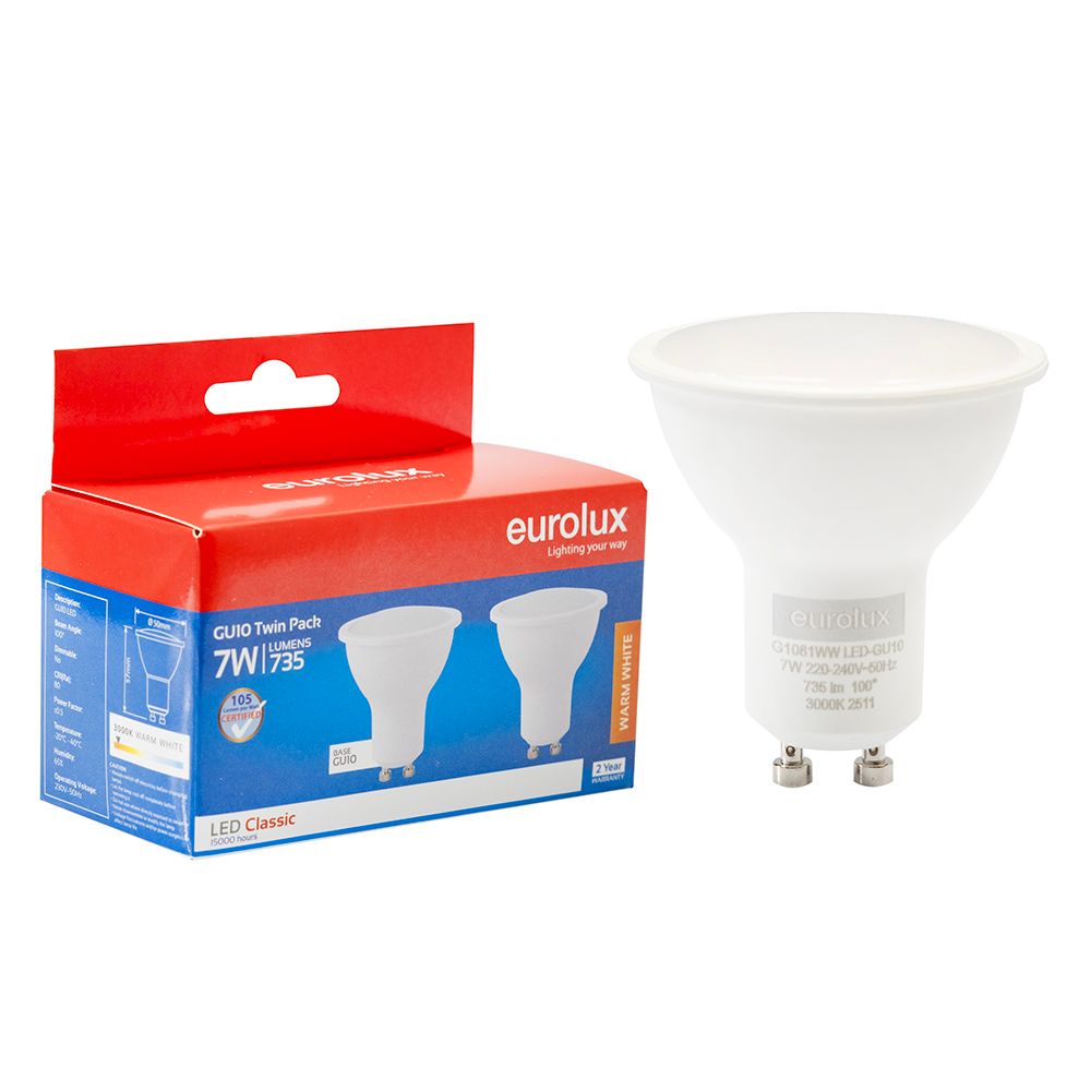 Eurolux G1081WW 7W GU10 3000K LED Twin Pack