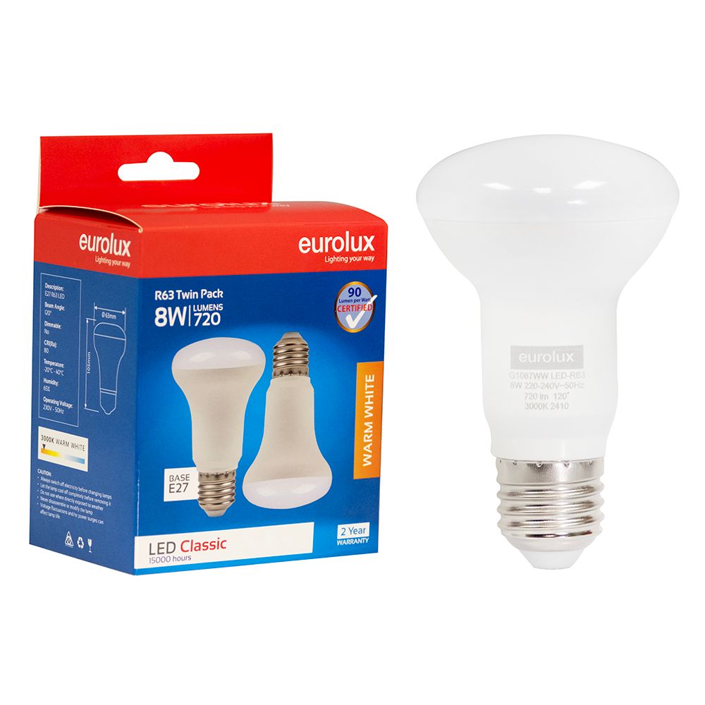 Eurolux G1087WW 8W E27 3000K R63 Reflector LED Twin Pack