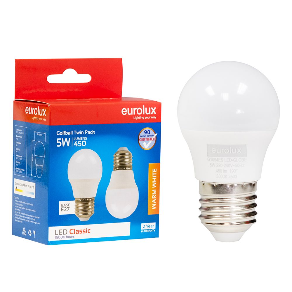 Eurolux G1094ES 5W E27 3000K Golf Ball LED Twin Pack