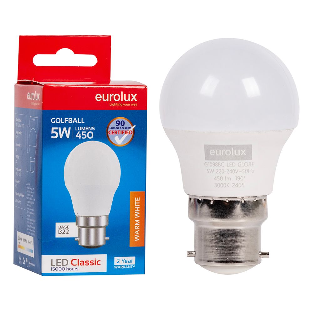 Eurolux G1098BC 5W B22 3000K Golf Ball LED Bulb