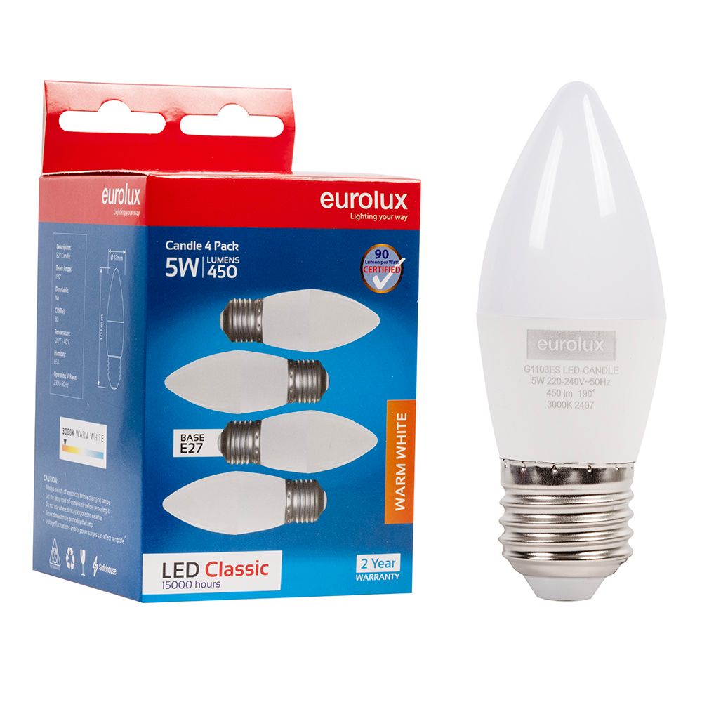 Eurolux G1103ES 5W E27 3000K Candle LED 4 Pack
