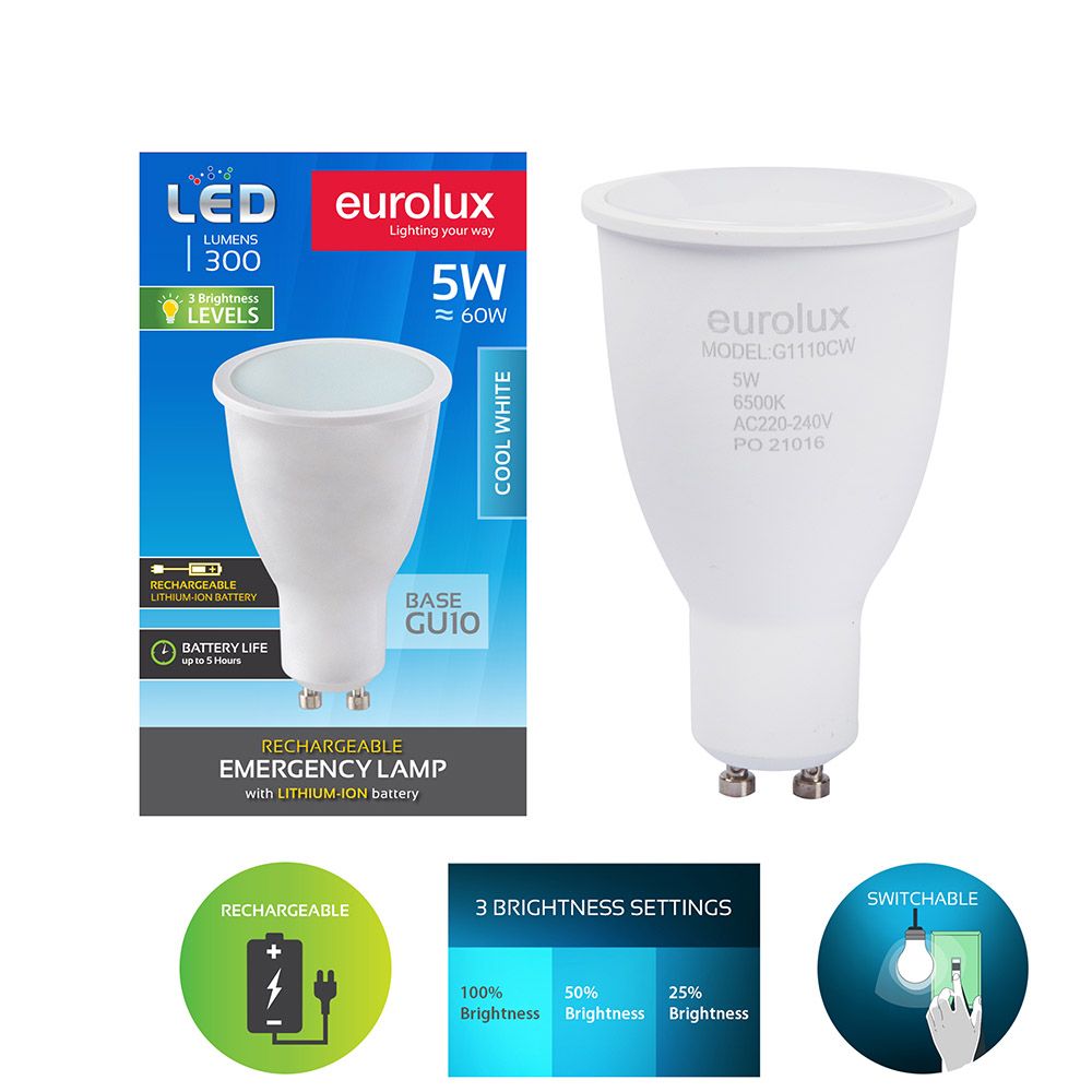 Eurolux G1110CW 5W GU10 Rechargeable Cool White LED Bulb