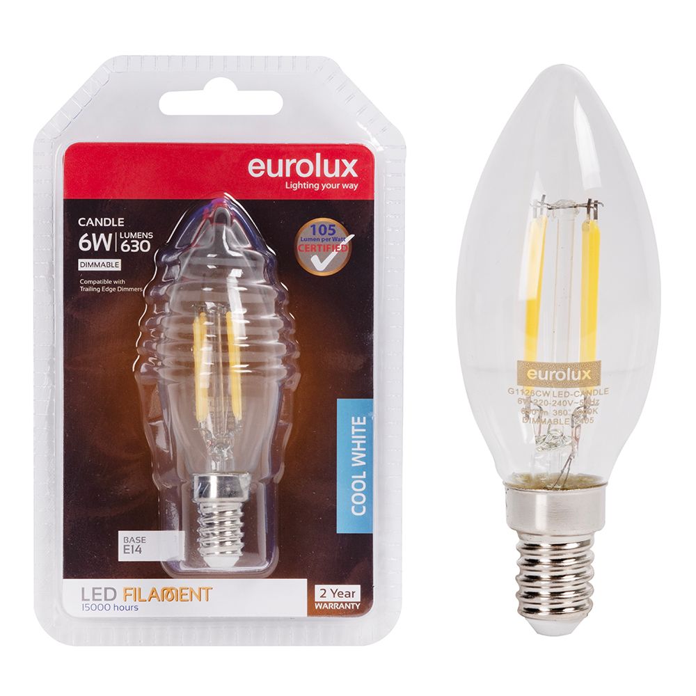 Eurolux G1126CW 6W E14 4000K Dimmable Clear Filament Candle LED Bulb