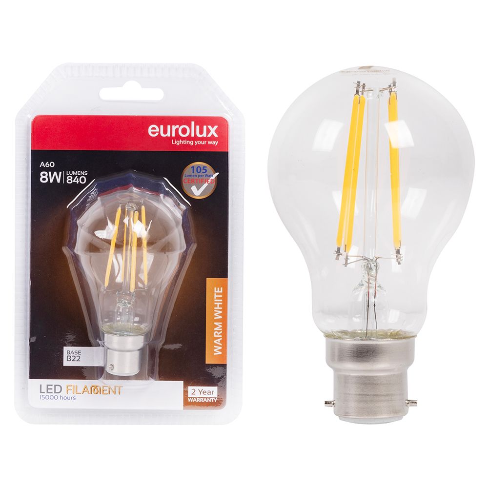 Eurolux G1128BC 8W B22 3000K Clear Filament A60 LED Bulb