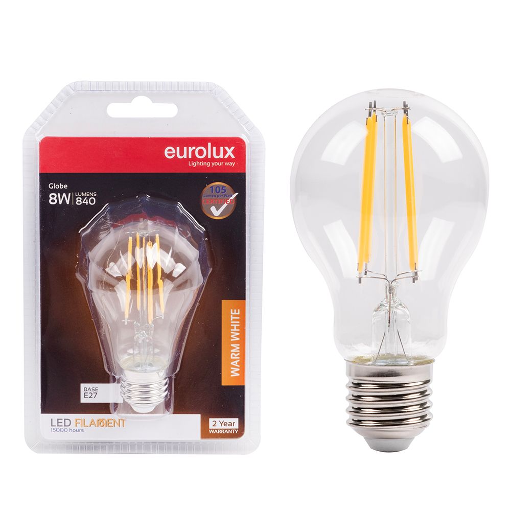 Eurolux G1128ES 8W E27 3000K Clear Filament A60 LED Bulb