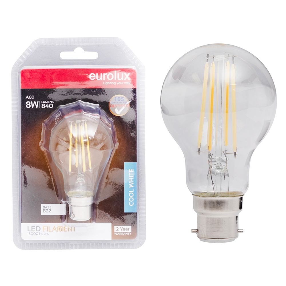 Eurolux G1129BC 8W B22 4000K Clear Filament A60 LED Bulb
