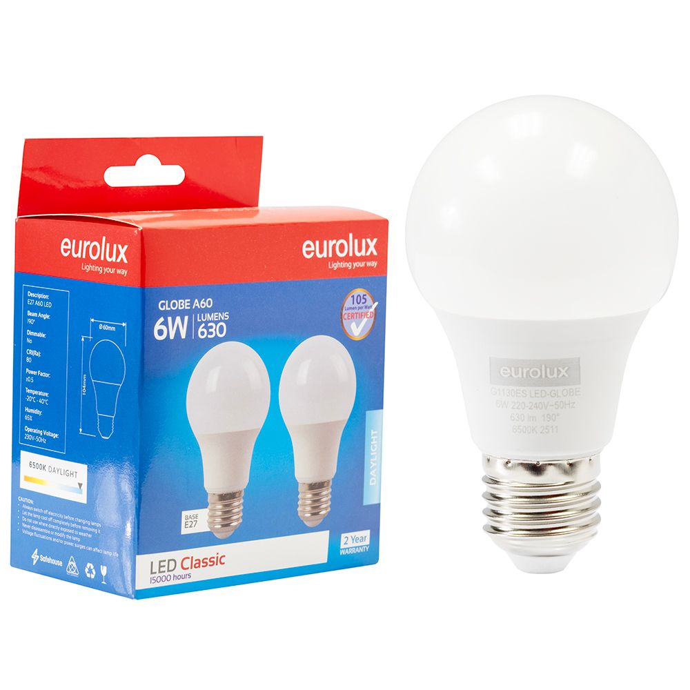 Eurolux G1130ES 6W E27 6500K A60 LED Twin Pack