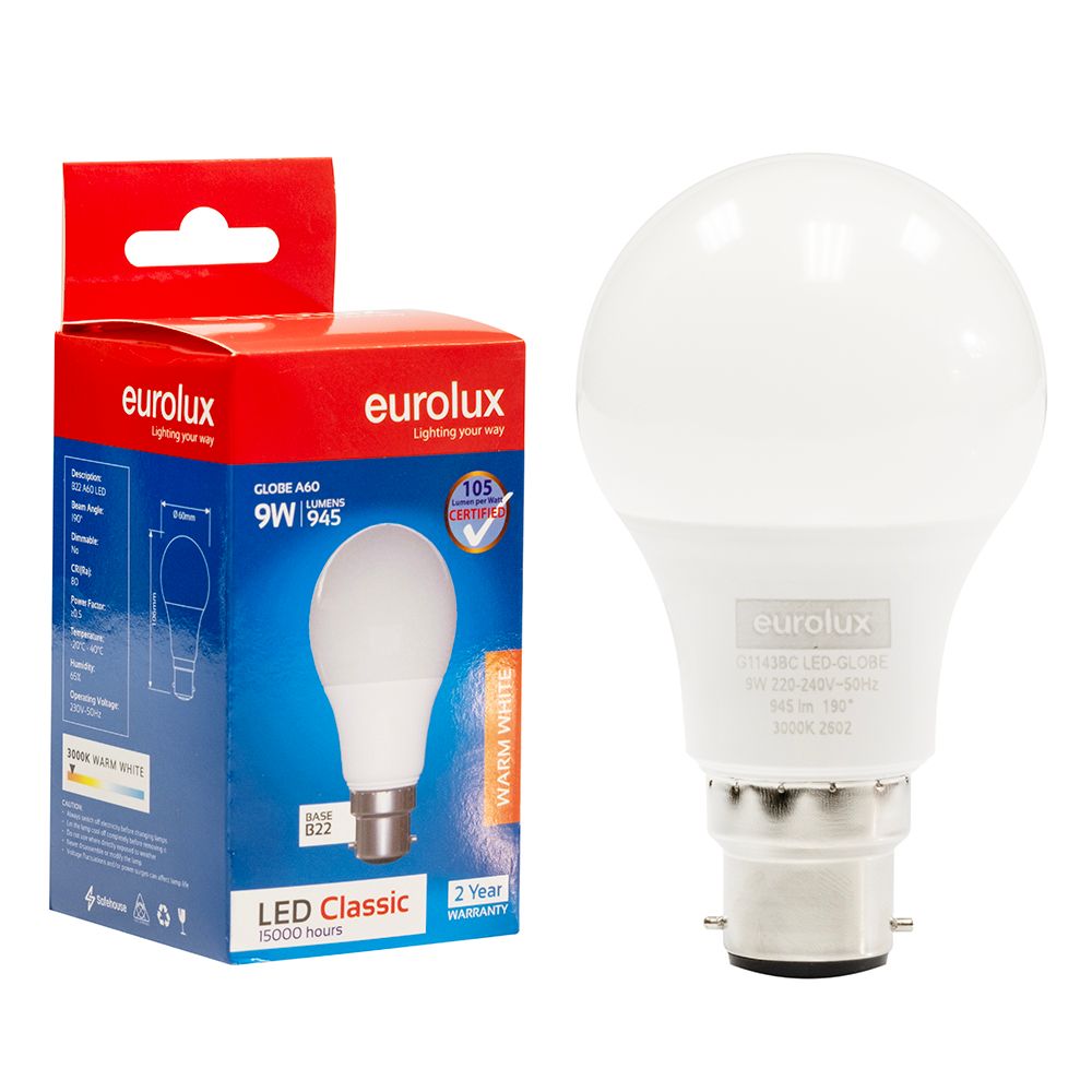 Eurolux G1143BC 9W B22 3000K A60 LED Bulb