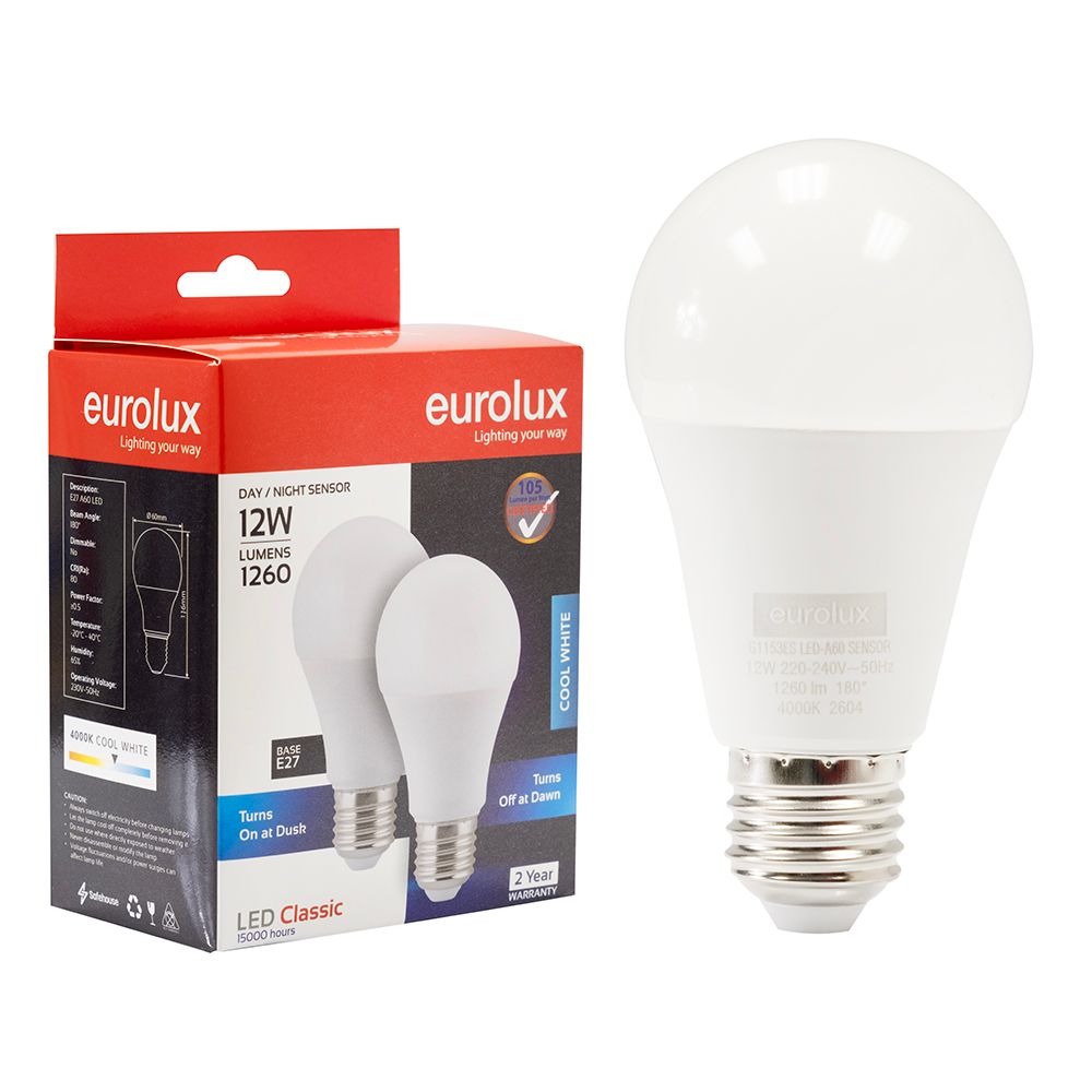 Eurolux G1153ES 12W E27 4000K Day/Night Sensor A60 LED Twin Pack