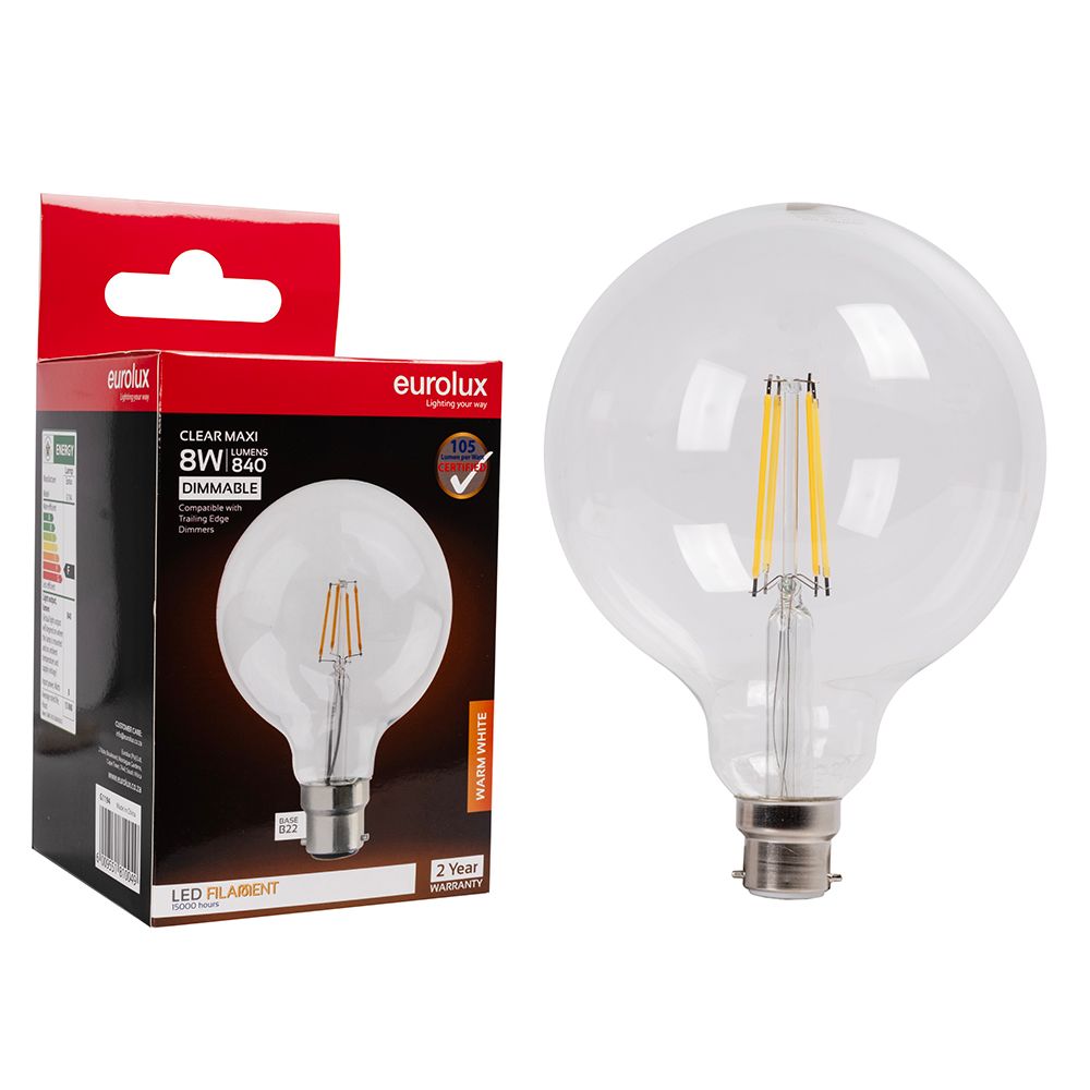 Eurolux G1194 8W B22 3000K Dimmable G125 Filament LED Bulb