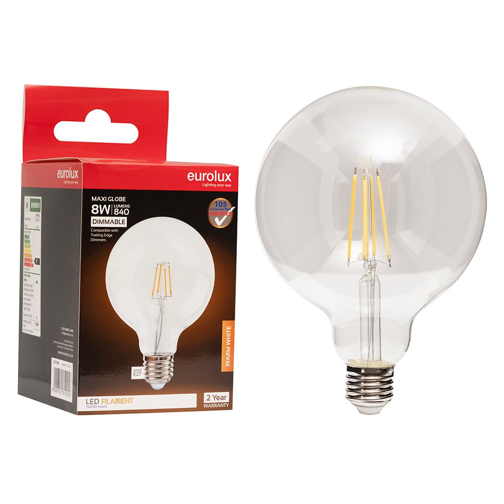 Eurolux G1195 8W E27 3000K Dimmable G125 Filament LED Bulb