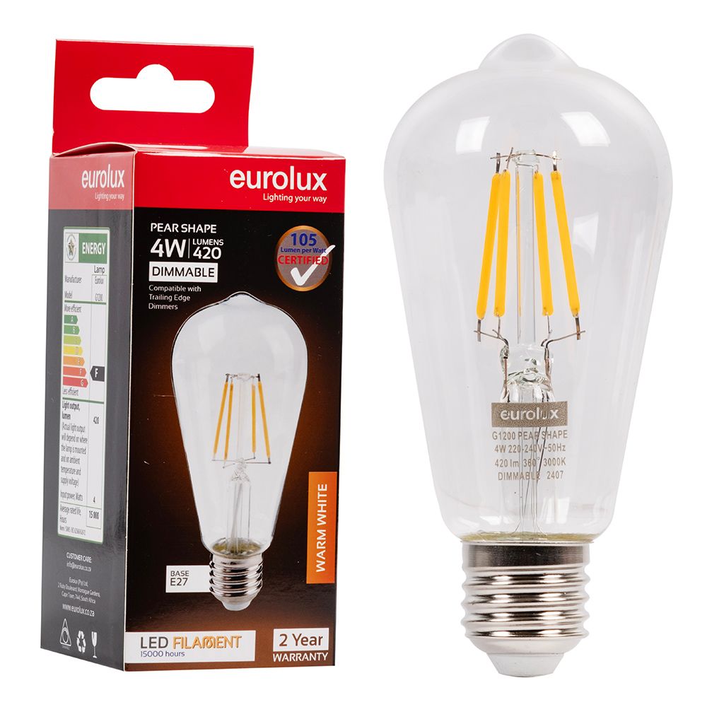 Eurolux G1200 4W E27 3000K Dimmable Mini Pear Filament LED Bulb