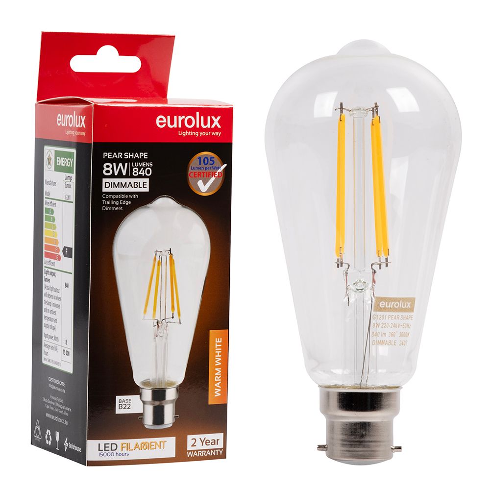Eurolux G1201 8W B22 3000K Dimmable ST64 Filament LED Bulb