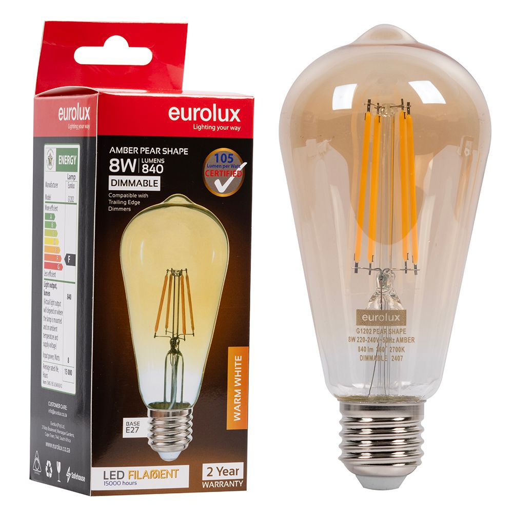 Eurolux G1202 8W E27 2700K Dimmable Amber Pear Filament LED Bulb