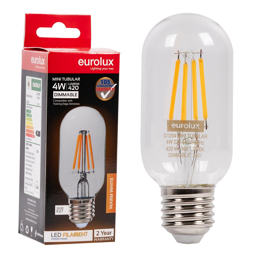Eurolux G1204 4W E27 3000K Dimmable Mini Tubular Filament LED Bulb