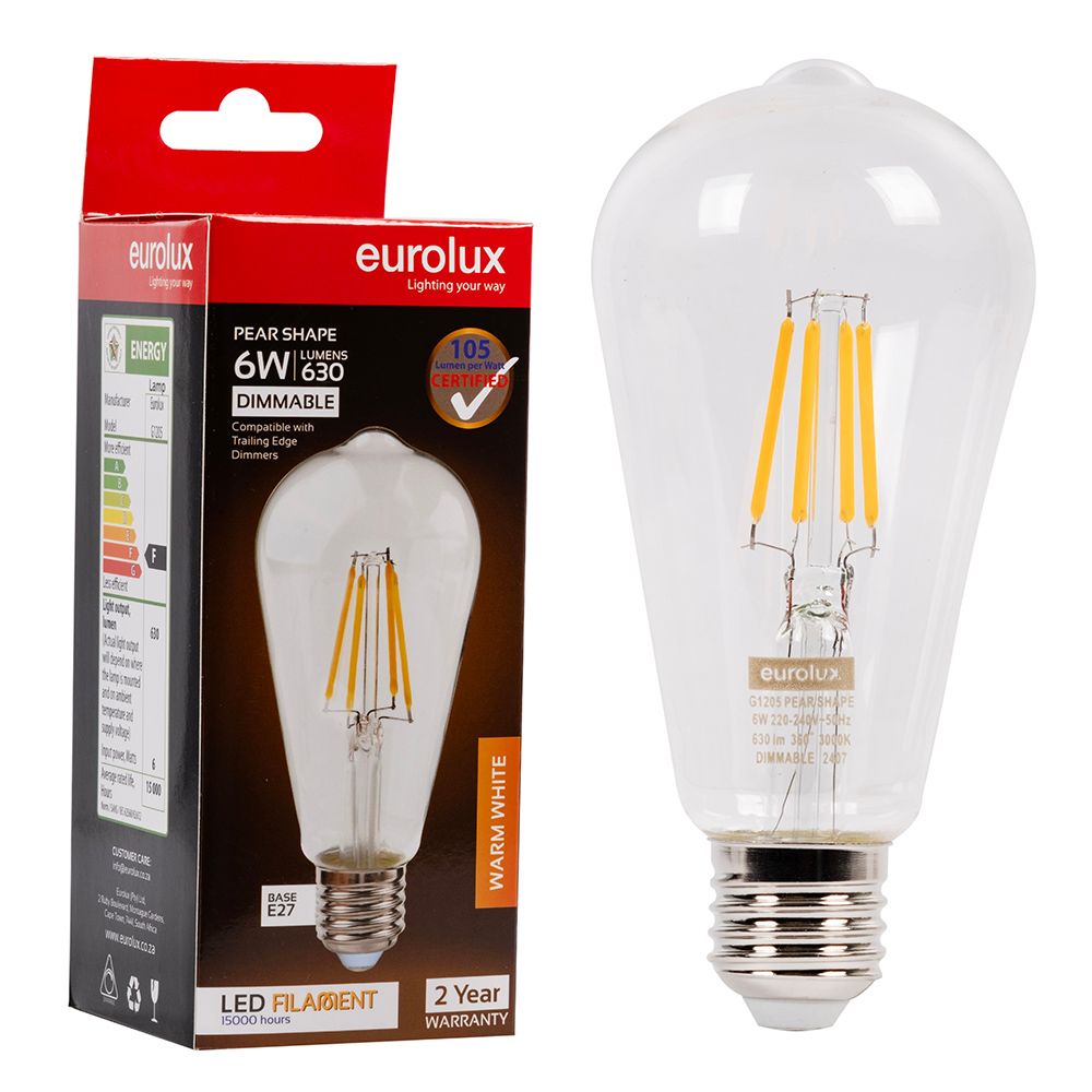 Eurolux G1205 6W E27 3000K Dimmable Pear Filament LED Bulb
