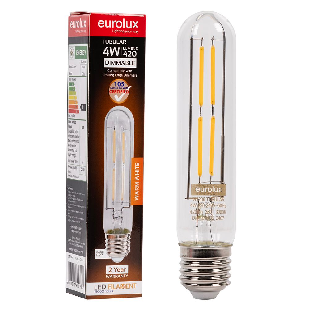 Eurolux G1206 4W E27 3000K Dimmable T30-145 Tubular Filament LED Bulb