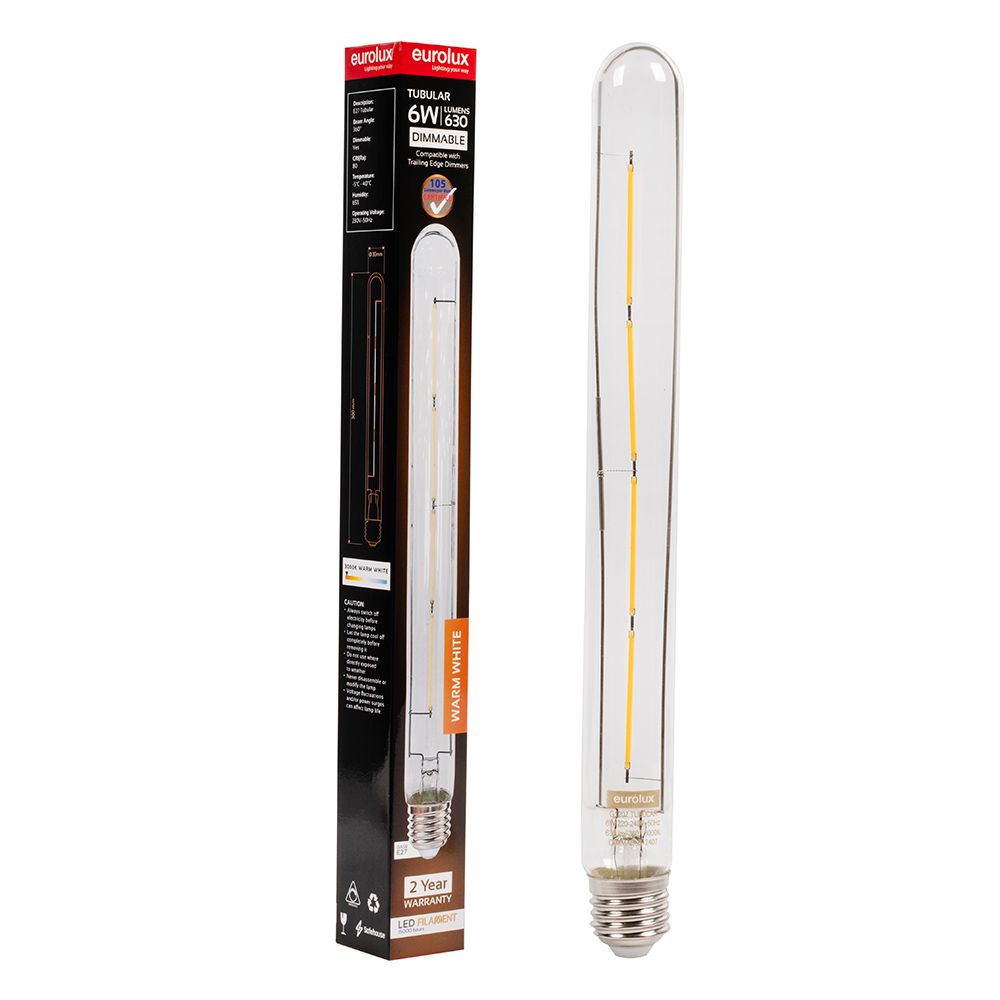 Eurolux G1207 6W E27 3000K Dimmable T30-300 Tubular Filament LED Bulb