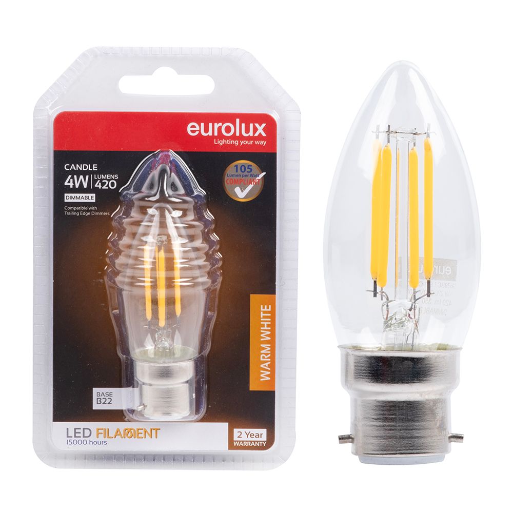 Eurolux G639BC Warm White B22 4W Dimmable Clear Filament Candle LED