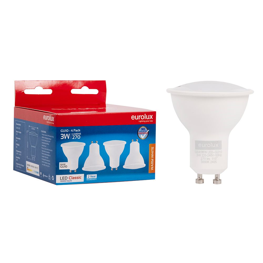 Eurolux G941WW 3W GU10 3000K LED 4 Pack