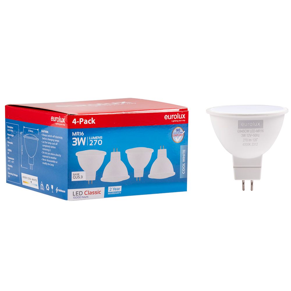 Eurolux G945CW Cool White GU5.3 3W MR16 LED 4pc Pack