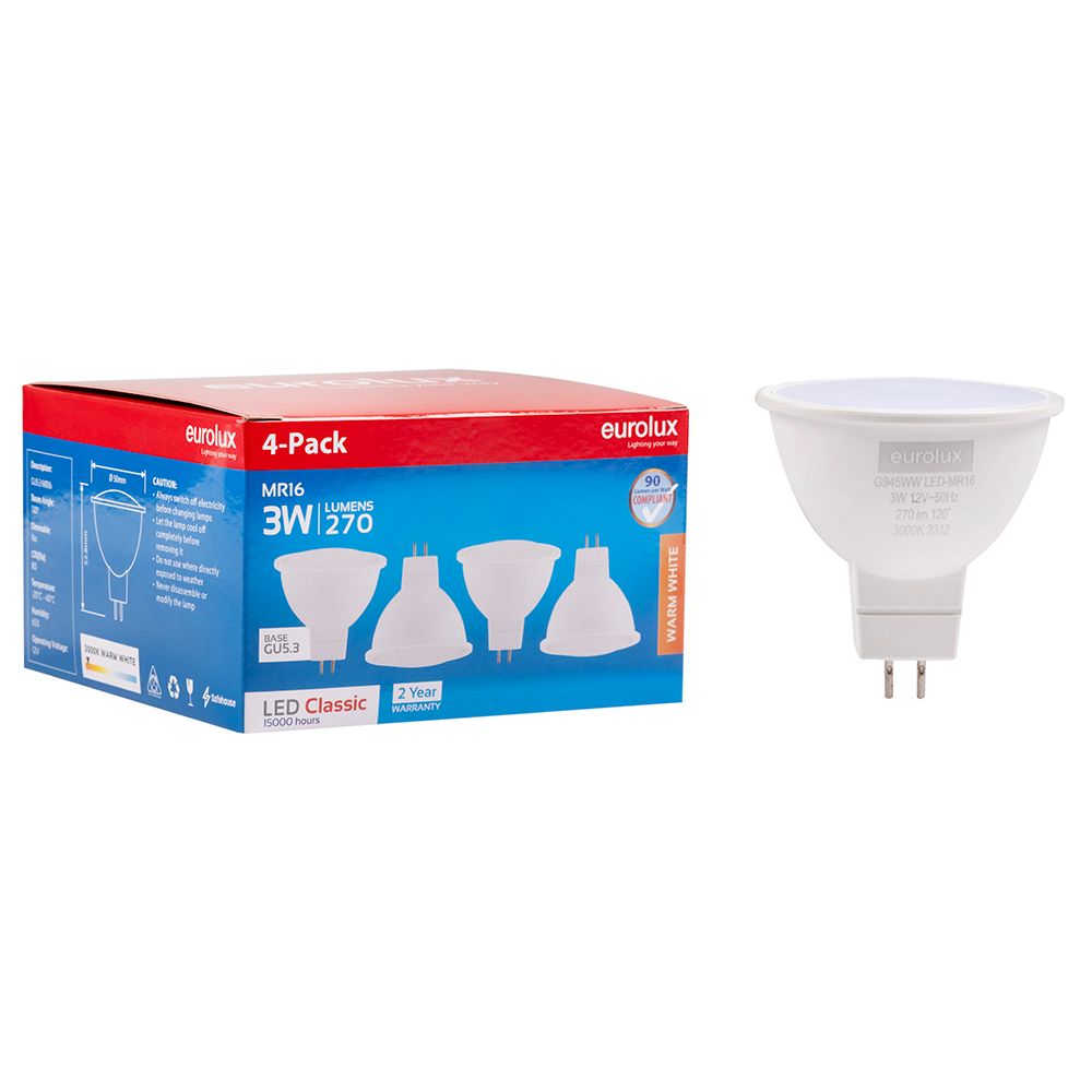 Eurolux G945WW Warm White GU5.3 3W MR16 LED 4pc Pack