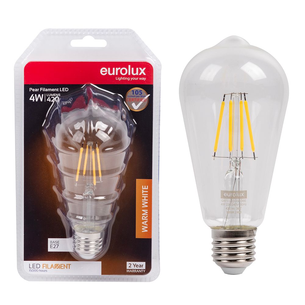 Eurolux G973 4W E27 3000K Clear Filament Pear Globe LED