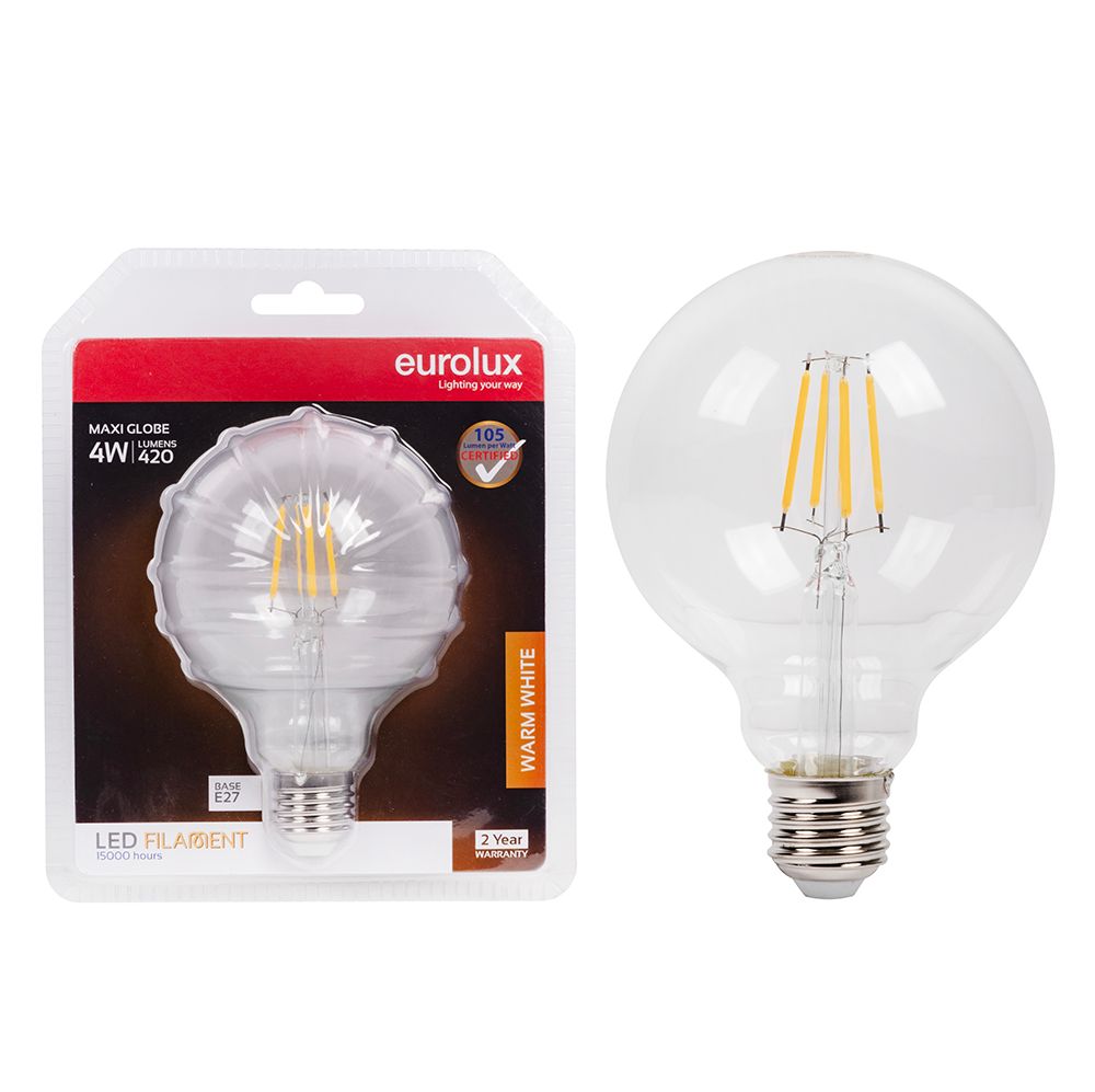 Eurolux G974 4W E27 Warm White Clear Filament Maxi Globe LED Bulb