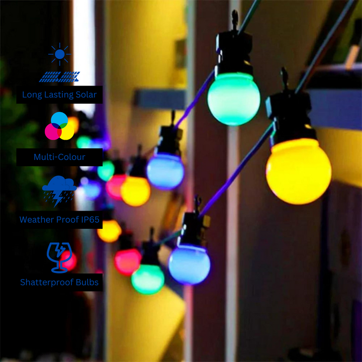 Stellar Lighting 10m Solar 10 Multi-Colour LED Festoon Bulb String Lights