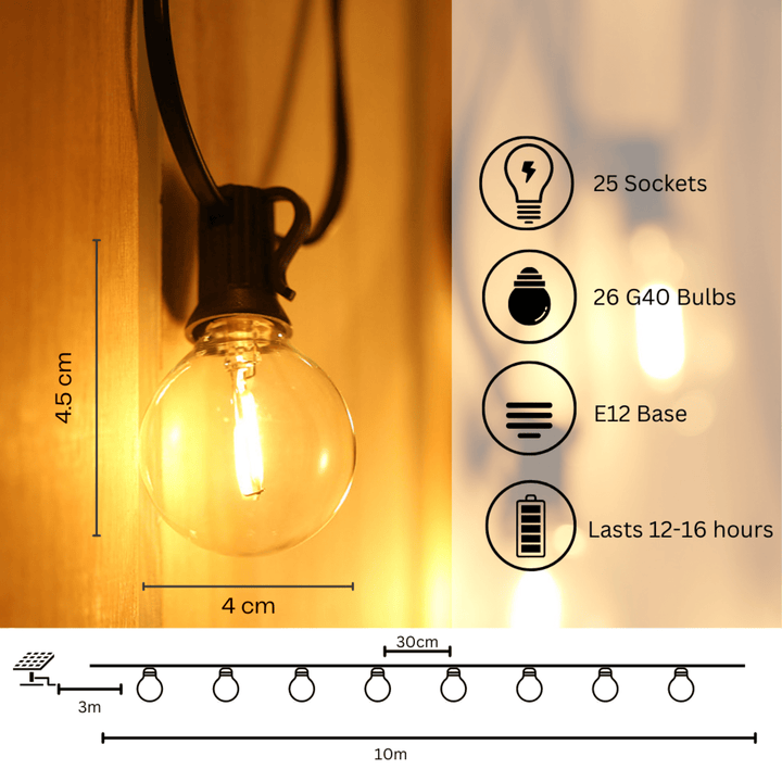 Stellar Lighting 10m Solar Powered Classic 25 LED Bulb String Lights