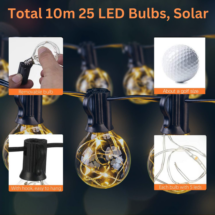 Stellar Lighting 10m Solar 25 Wire LED Classic Retro Bulb String Lights