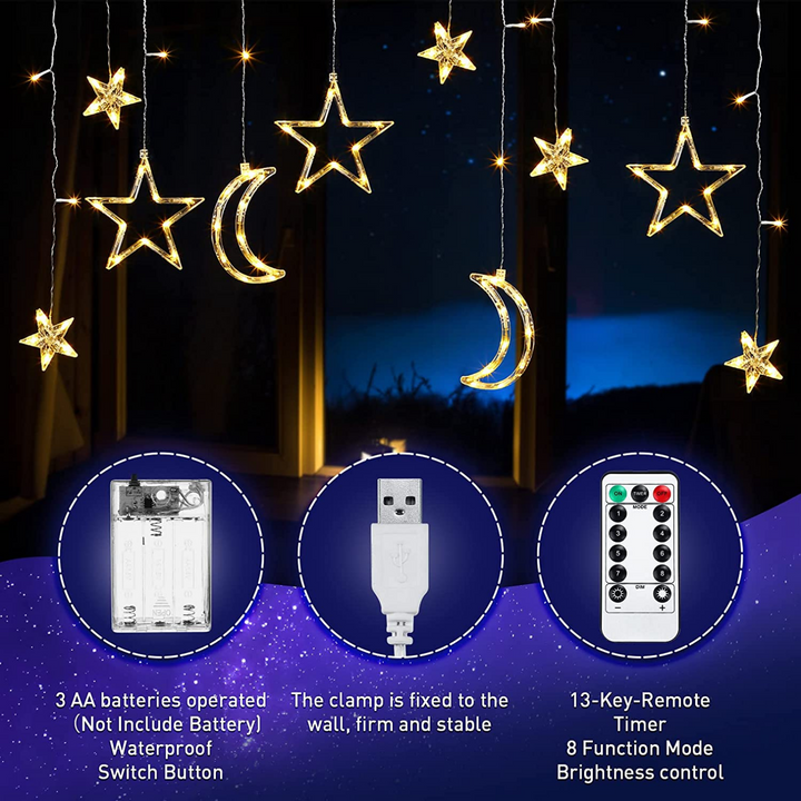 Stellar Lighting LED Moon and Star Curtain String Lights (Battery or Plug-in)
