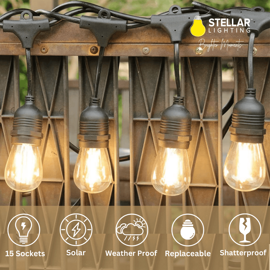 Stellar Lighting 15m Solar 15 LED Festoon Vintage Bulb String Lights
