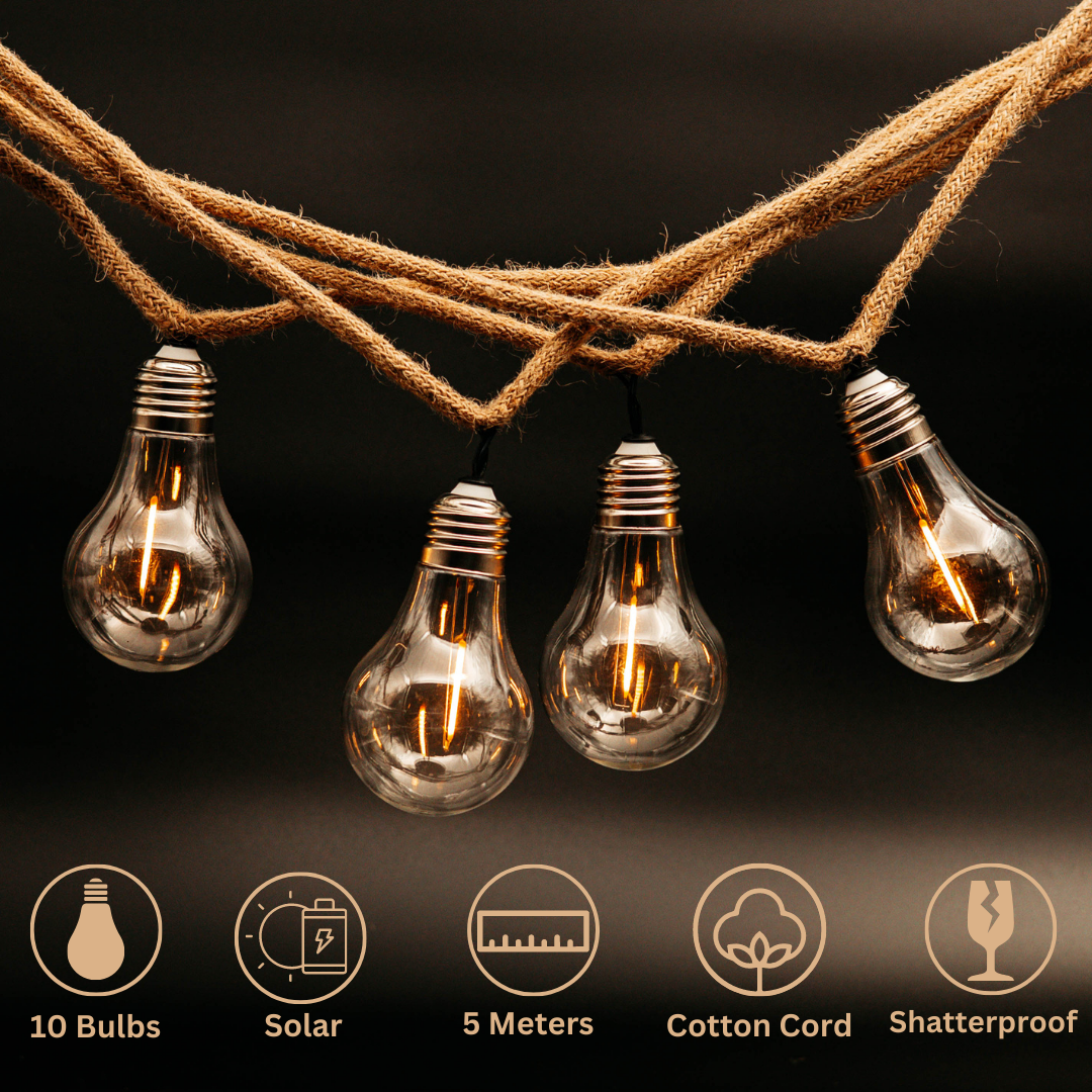 Stellar Lighting 5m Solar Powered Cotton 10 LED A19 Bulbs String Light