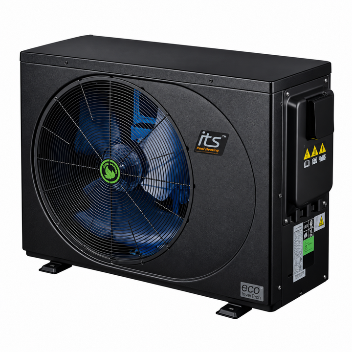ITS 12.8kW Inverter Pool Heat Pump Black – angled side view