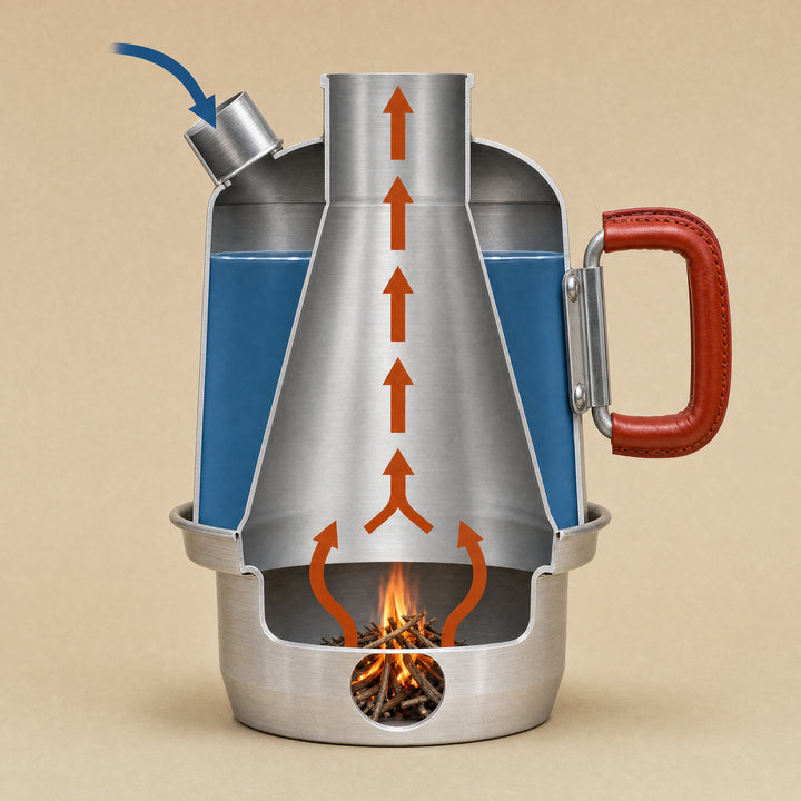 Karoo Kettle cutaway diagram showing double-wall chimney heating design