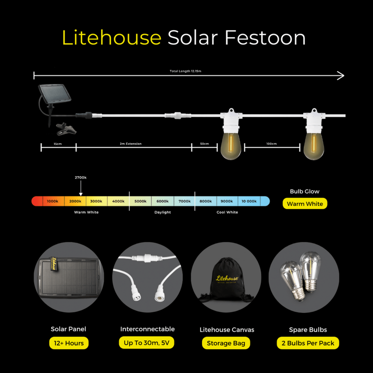 Litehouse White Solar LED Traditional Festoon String Lights