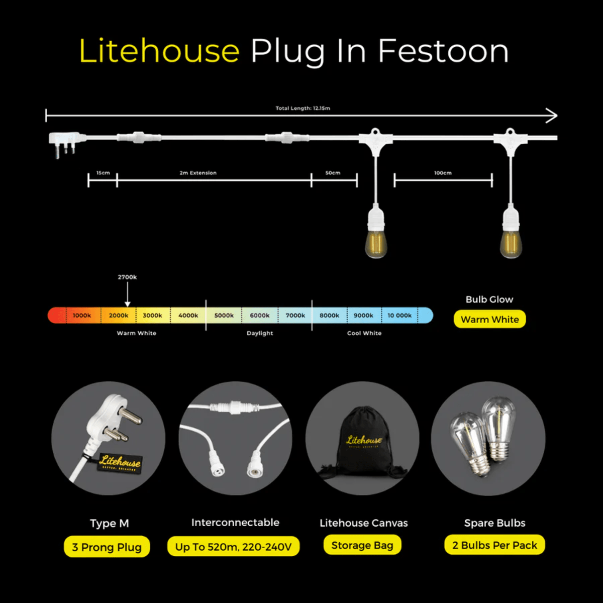 Litehouse Solar LED Festoon Outdoor Traditional White Bulb String Lights