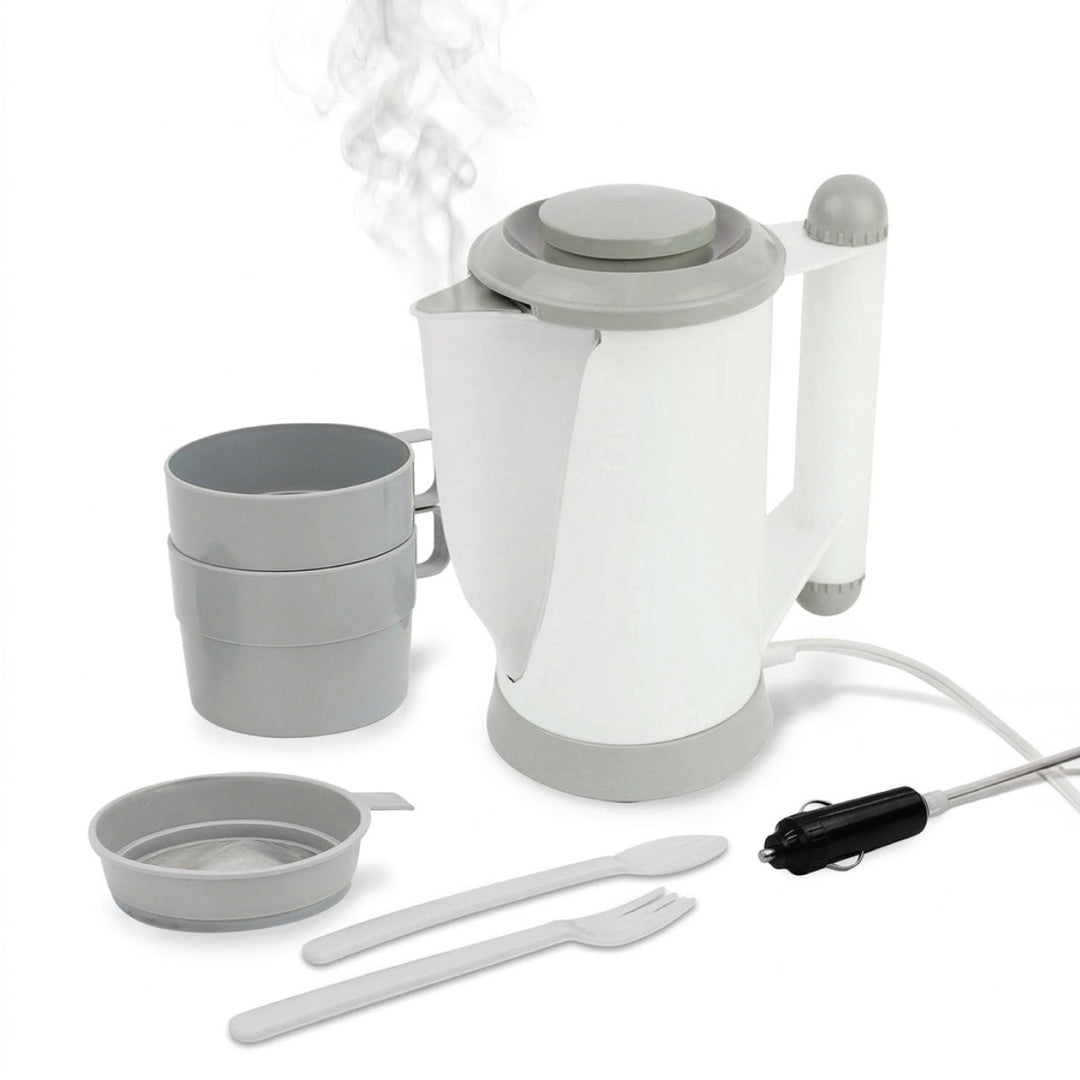 Streetwize 12V Car Kettle 700ml with cups, fork, spoon and strainer on white background