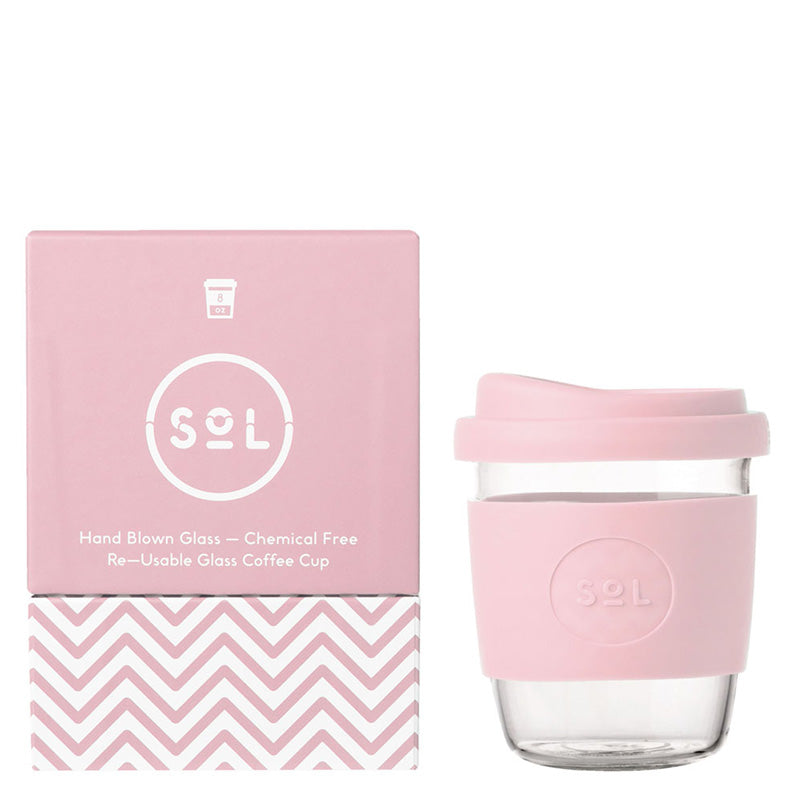 Sol Cup 235ml Glass Cup with Lid & Sleeve - Perfect Pink - Sustainable.co.za